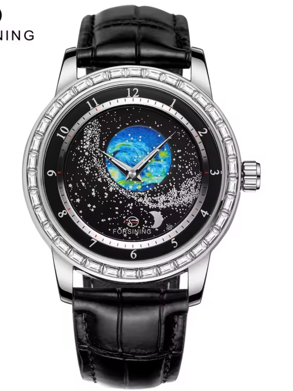 Forsining Men's Black Leather Strap Planetary Dial Watch